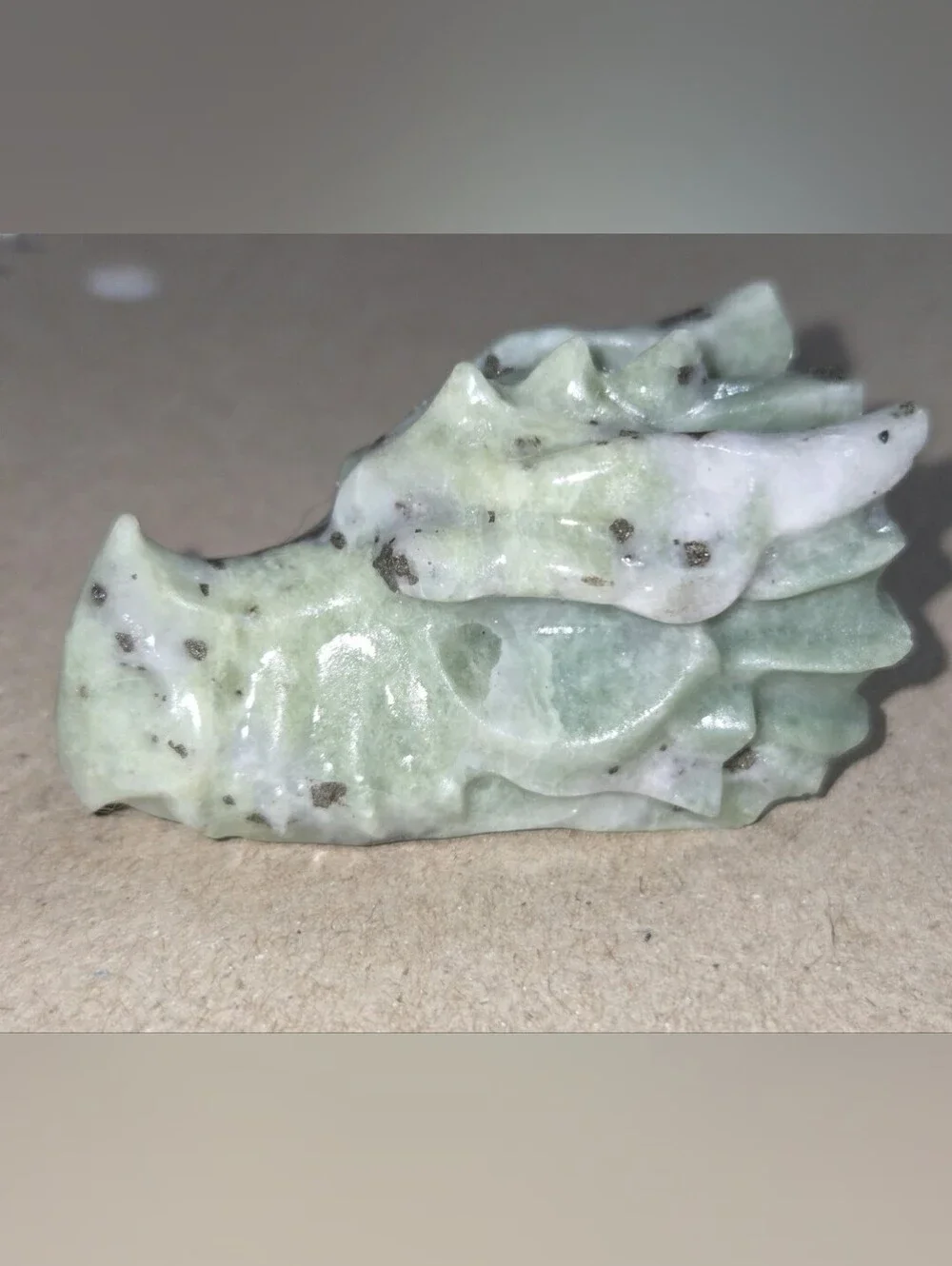 Detailed Kiwi Jasper Crystal Carved Dragon Head Stone Sculpture Decor